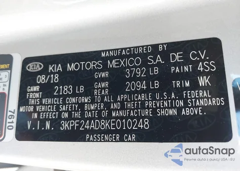 2019 Kia Forte Lxs z USA, uszkodzony, nr VIN 3KPF24AD8KE010248